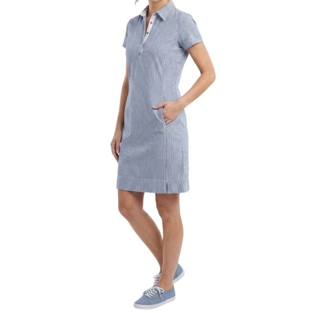 Renuar Seersucker Pinstripe Dress Chambray Blue White M - Picture 8 of 8
